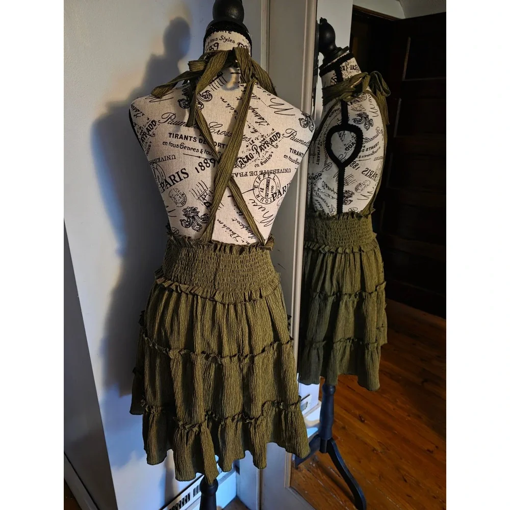 Olive Green Halter Mini Dress Tiered Ruffle Smocked Waist Crinkle Boho Sun Dress - Picture 3 of 3